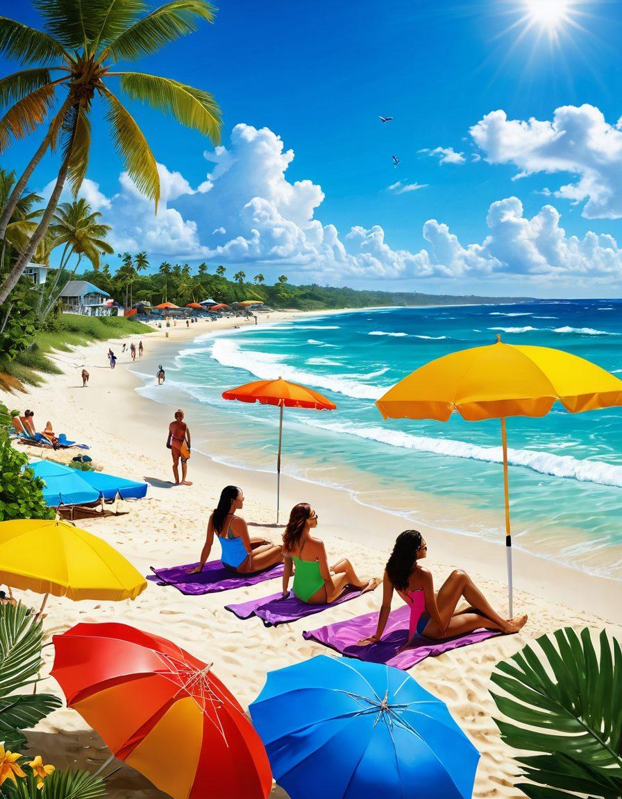 A vibrant beach scene showcasing diverse individuals in trendy beachwear, engaging in various outdoor activities like beach volleyball, surfing, and sunbathing. The background features a bright sunny sky with fluffy clouds, and crystal-clear ocean waves lapping at the shore. Include colorful beach umbrellas and tropical plants to create a lively atmosphere. super-realistic. bright colors. tropical theme.